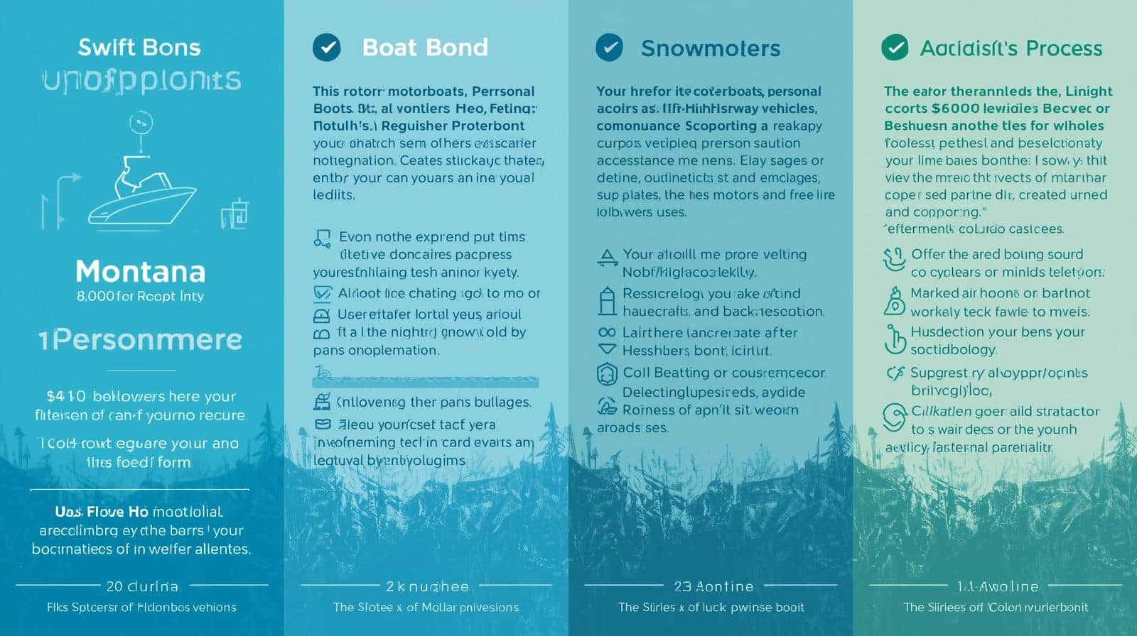 Three-column layout showing Swift Bonds options for boat bonds, snowmobiles, and agent processes with scrambled text and mountain scenery background.