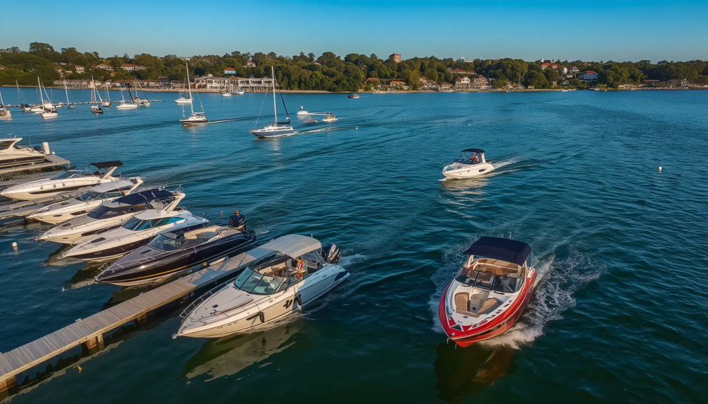 Boats departing a marina, highlighting Montana marine dealerships that must obtain the Montana Motorboats, Personal Watercraft, Snowmobiles, Off-Highway Vehicles ($5,000) Boat Bond for licensing compliance.