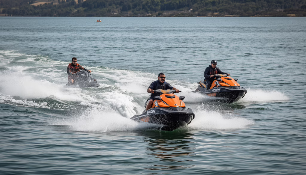Personal watercraft riding across open water, showcasing recreational vehicles sold by businesses requiring the Montana Motorboats, Personal Watercraft, Snowmobiles, Off-Highway Vehicles ($5,000) Boat Bond.