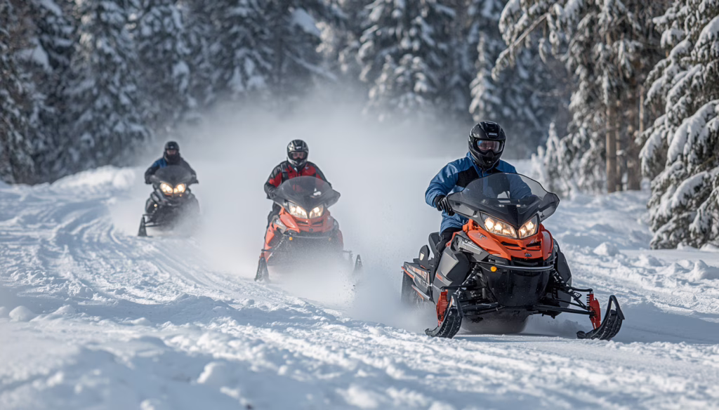 Snowmobiles operating on a winter trail, representing licensed Montana powersports dealers covered by the Montana Motorboats, Personal Watercraft, Snowmobiles, Off-Highway Vehicles ($5,000) Boat Bond.
