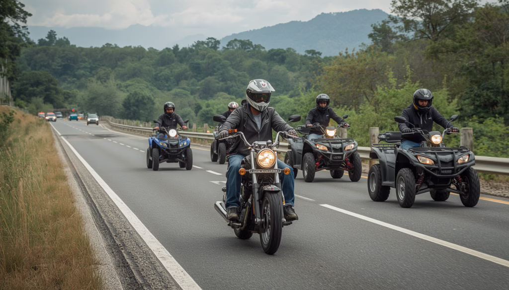 Riders operating street-legal motorcycles and quadricycles on a Montana highway, representing licensed powersports dealers and bonded vehicle sales.