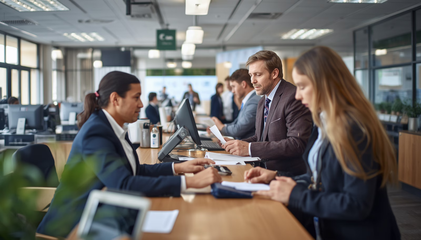 Financial professionals processing money transmission services at a Nebraska licensed money transmitter office while assisting customers with secure transactions.