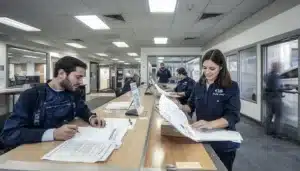 DMV staff reviewing vehicle ownership documents and bonded title applications for a New Hampshire Defective Title Bond to establish legal vehicle ownership.