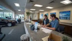 Vehicle owners working with title office representatives to resolve ownership documentation using a New Hampshire Defective Title Bond.
