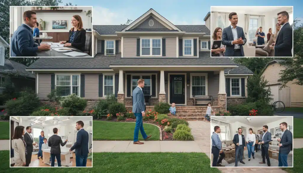 New Hampshire real estate broker consulting with homebuyers and sellers during a residential property showing while complying with state broker bond requirements.