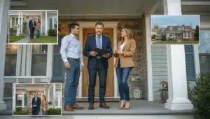 New Hampshire real estate broker assisting prospective homebuyers during a residential property showing while meeting state licensing bond requirements.