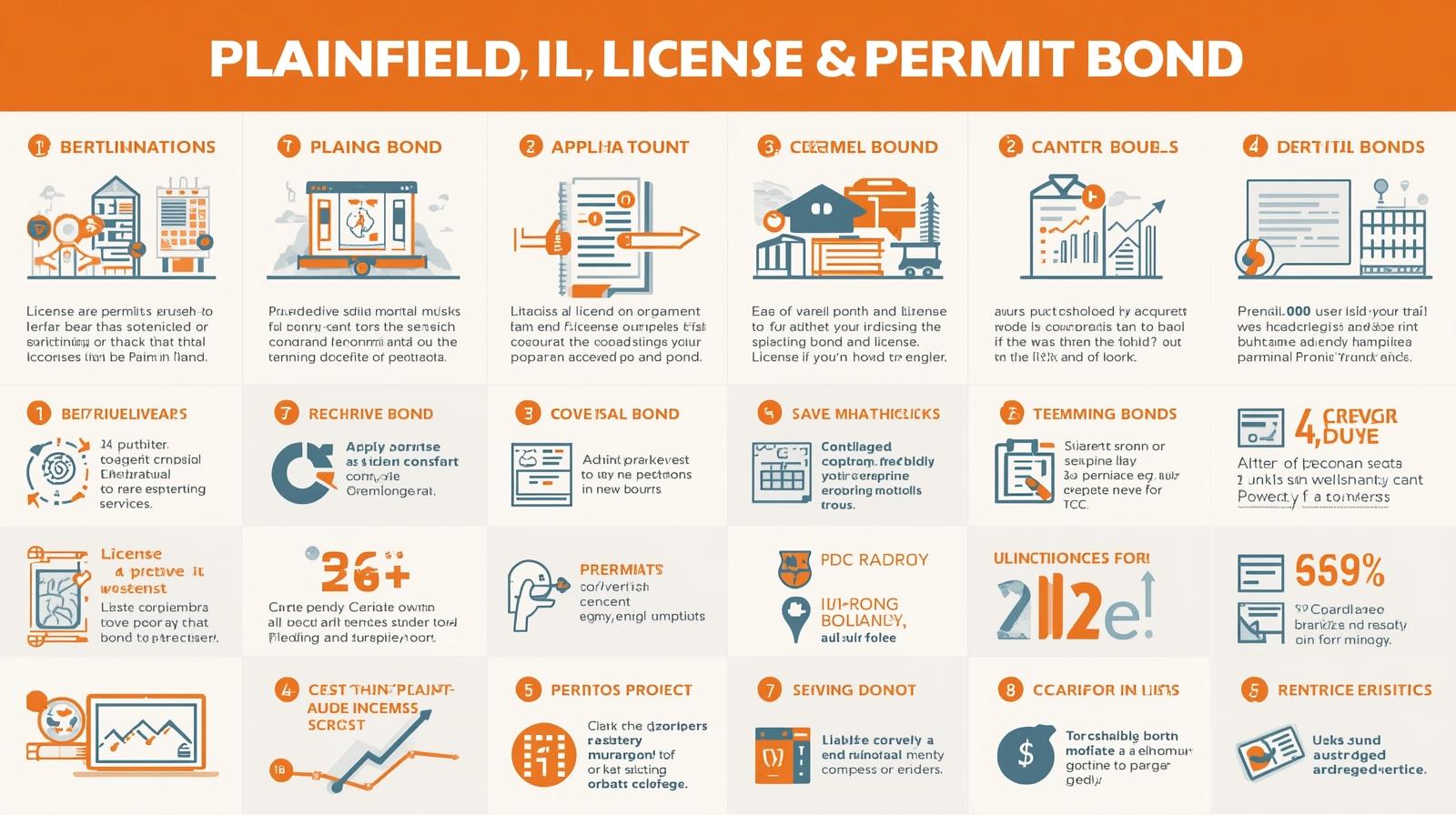Infographic explaining the Plainfield, IL License and Permit Bond with step-by-step visuals and icons.