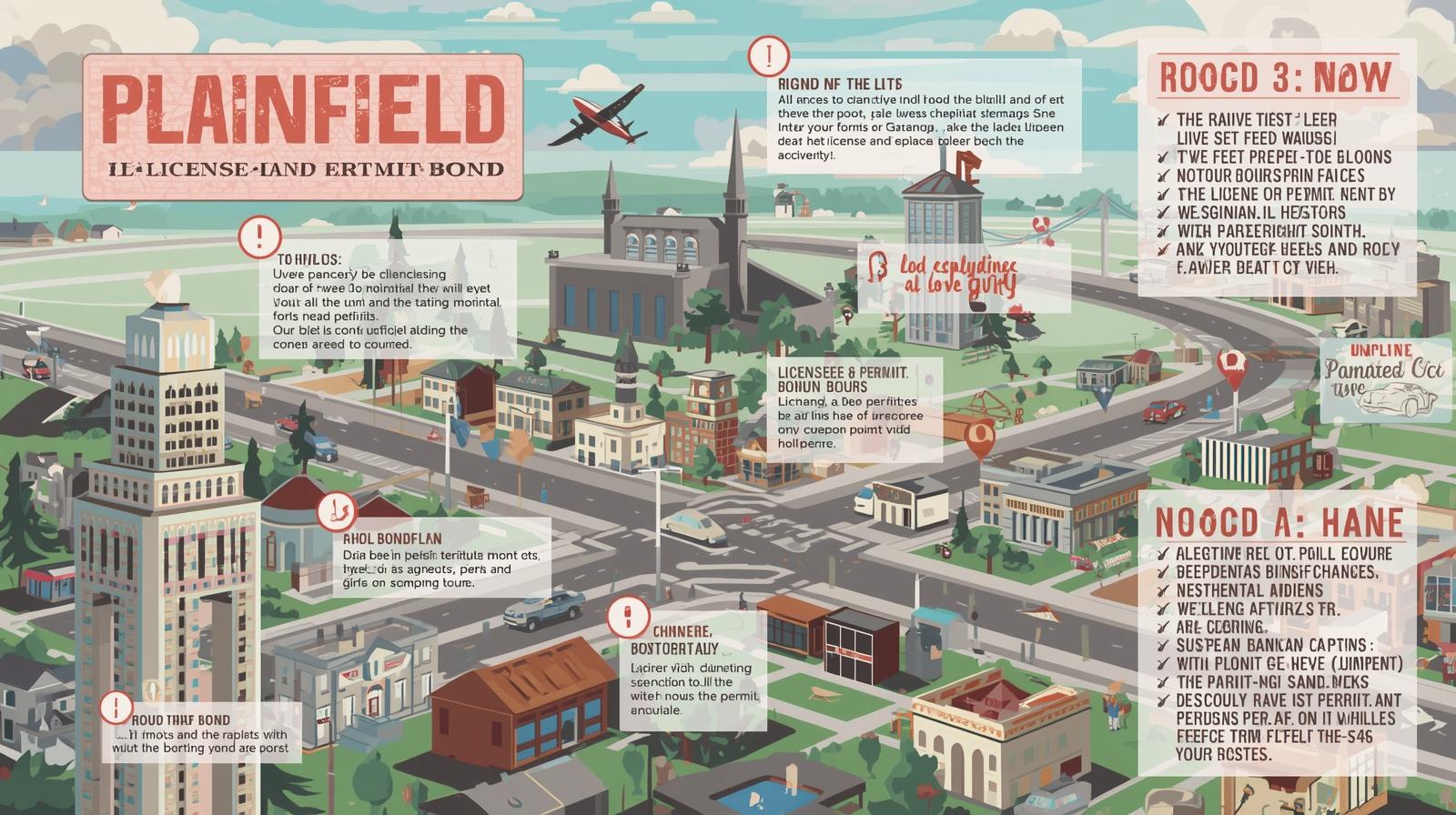 Illustrated cityscape highlighting key details and requirements of the Plainfield, IL License and Permit Bond.