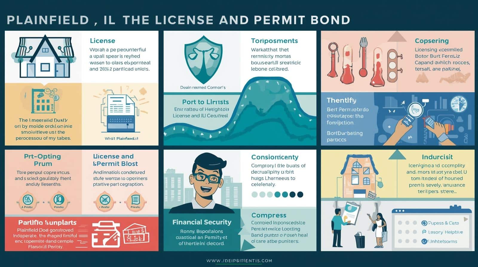 Grid-style infographic showing Plainfield, IL License and Permit Bond features, benefits, and compliance requirements.