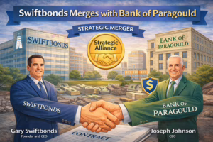 Swiftbonds and Bank of Paragould executives shaking hands to symbolize strategic merger expanding surety bond and financial service offerings.