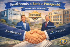 Swiftbonds and Bank of Paragould announce merger agreement, showcasing unified leadership and enhanced bonding and financial solutions.