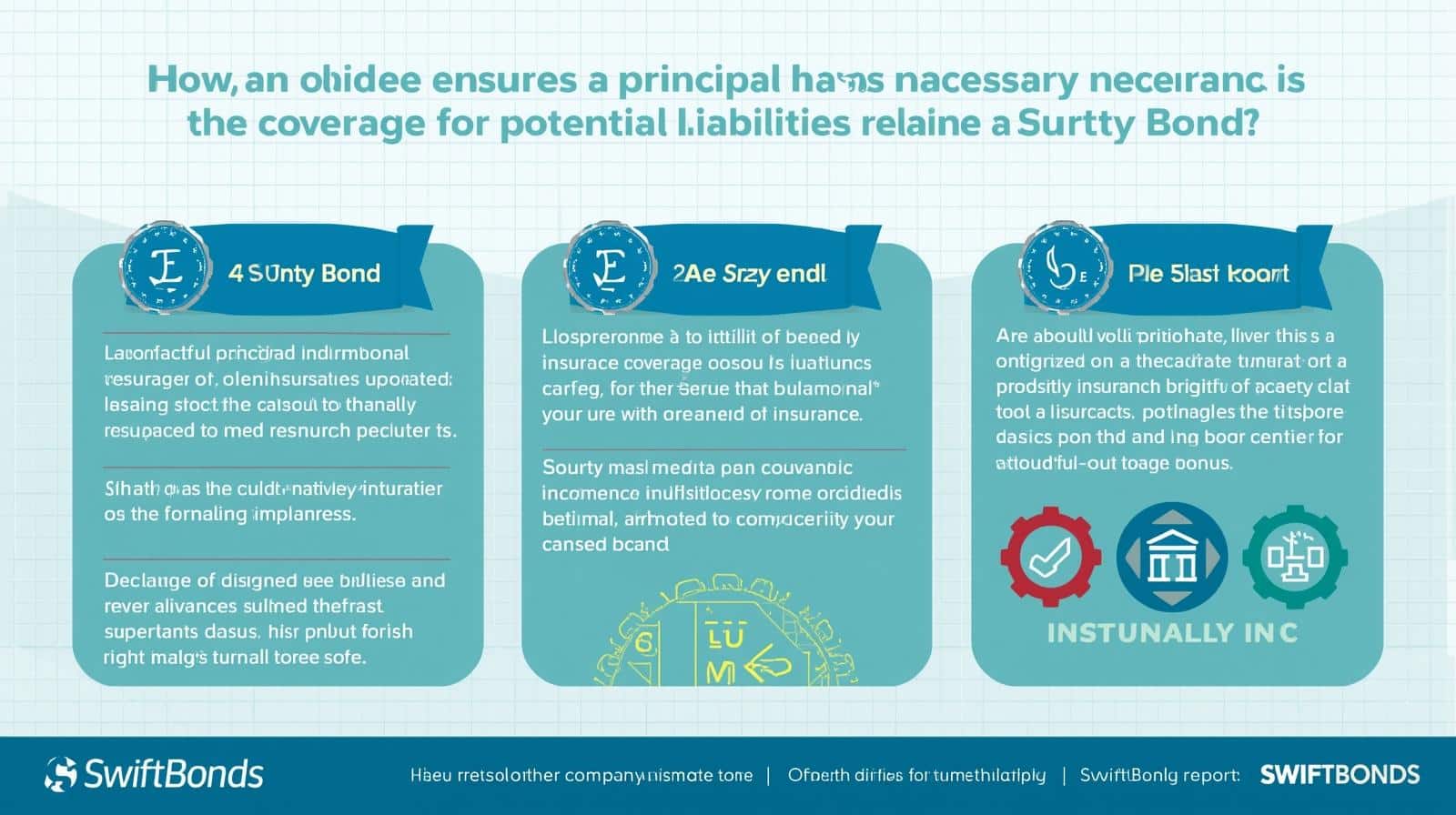 Three-step infographic explaining surety bond requirements, insurance validation, and contract compliance for liability coverage.