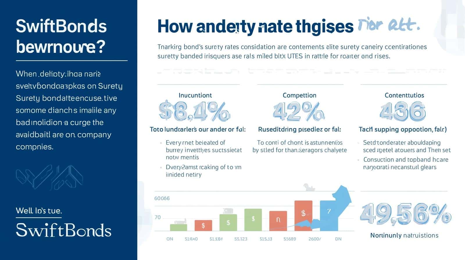Breakdown of market conditions, competition, and underwriting considerations that influence surety bond pricing, highlighted with data points and bar graphs.