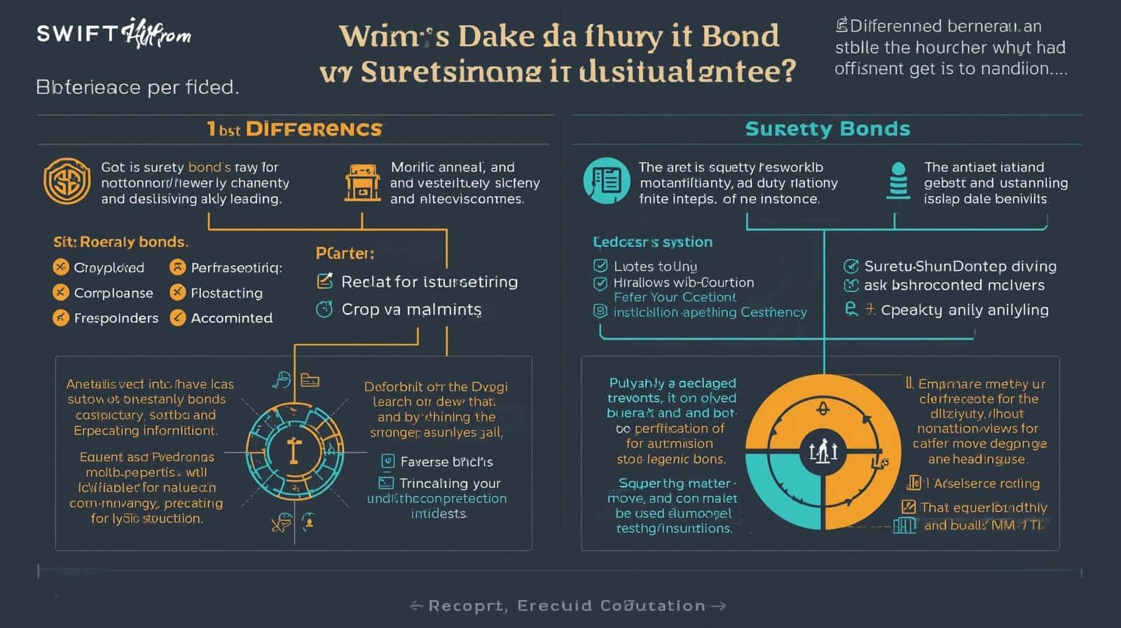 Detailed infographic outlining the key differences between surety bonds and suretyship guarantees using charts, lists, and graphic callouts.