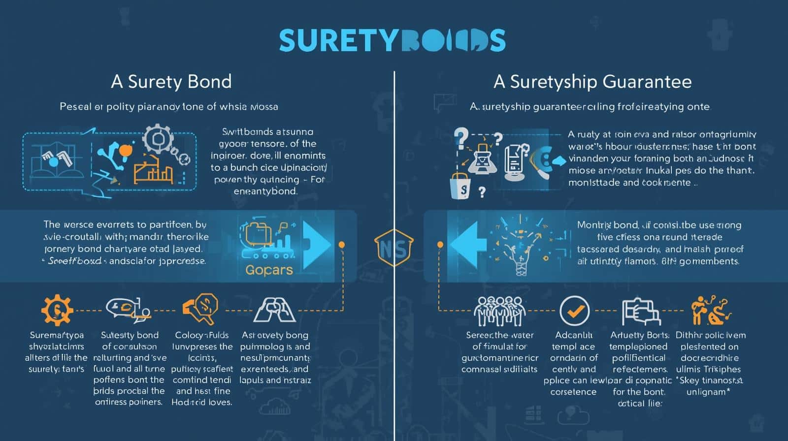 Side-by-side infographic comparing the structure and purpose of surety bonds versus suretyship guarantees with icons and process flow visuals.