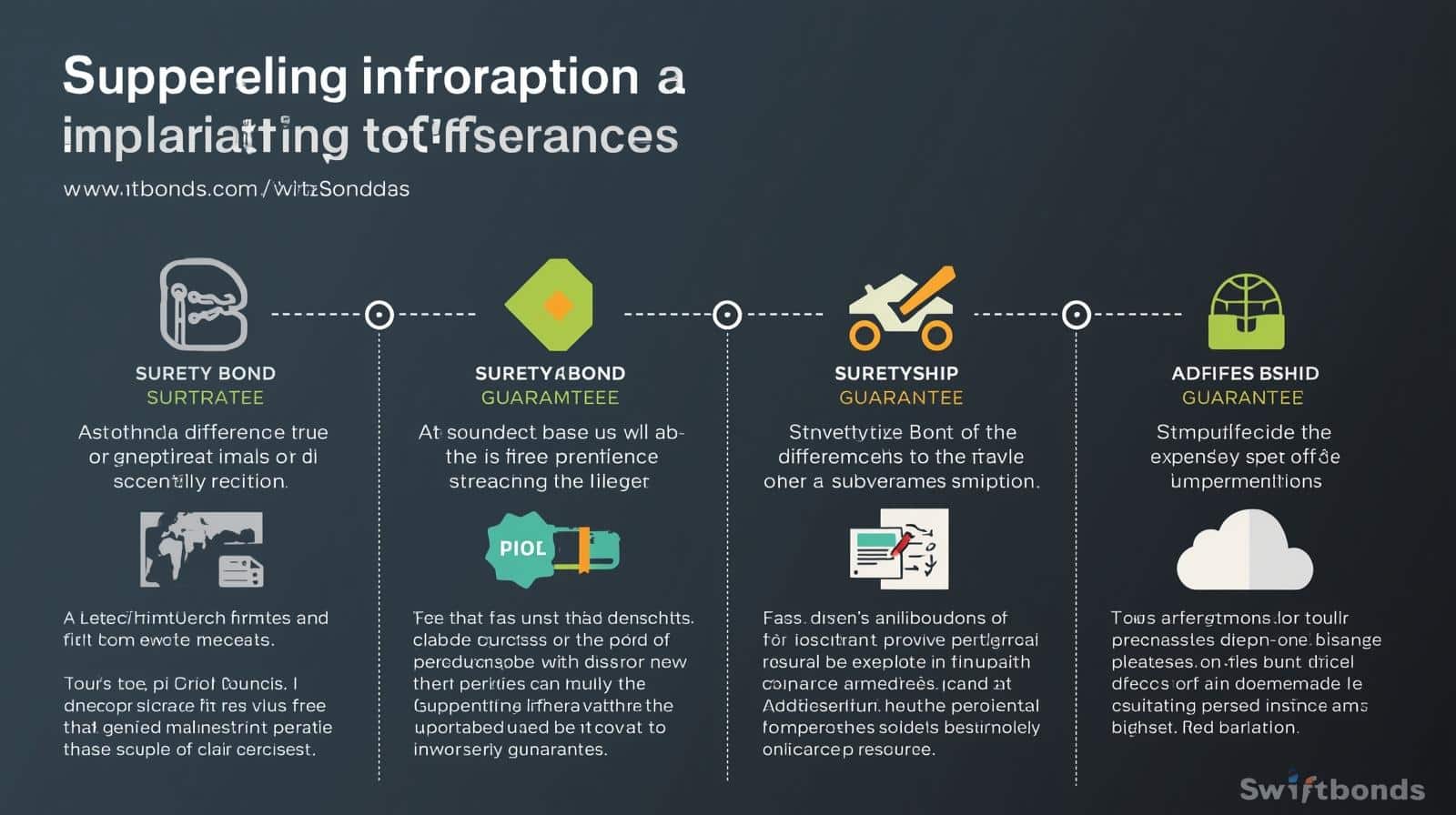 Multi-column infographic explaining differences between surety bonds, surety bond guarantees, and suretyship guarantees with icons and brief descriptions.