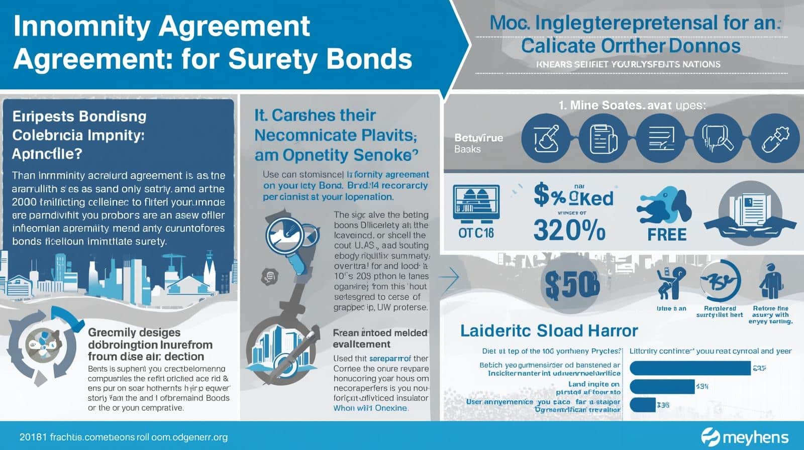 Infographic explaining indemnity agreements for surety bonds with visuals of contracts, financial obligations, and risk coverage.
