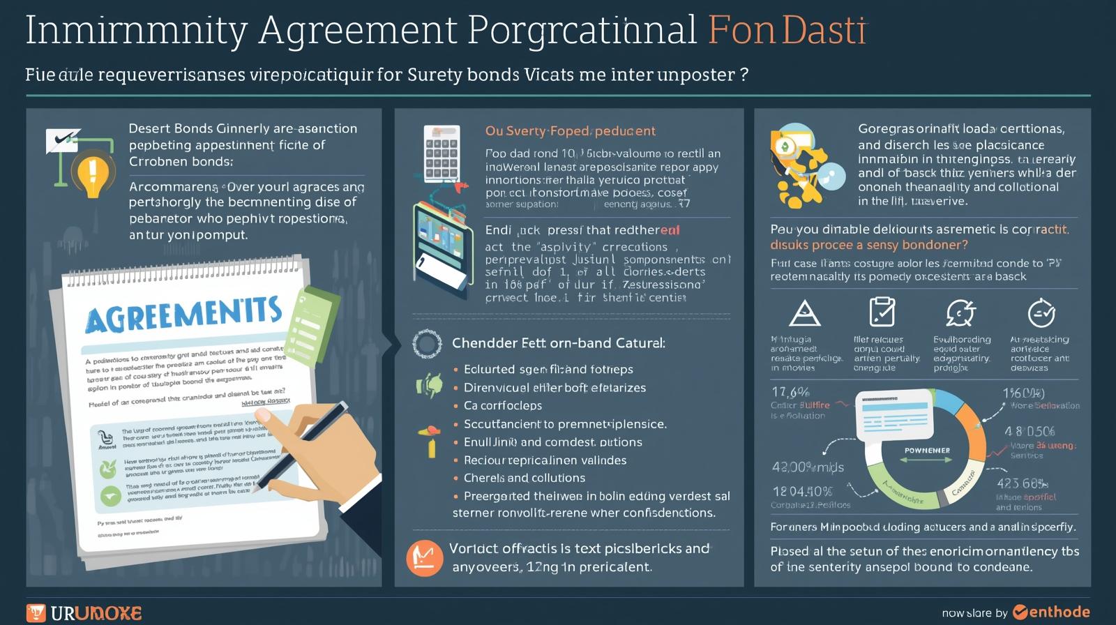 Infographic describing practical requirements of indemnity agreements for surety bonds with visuals of documents, calculations, and compliance.
