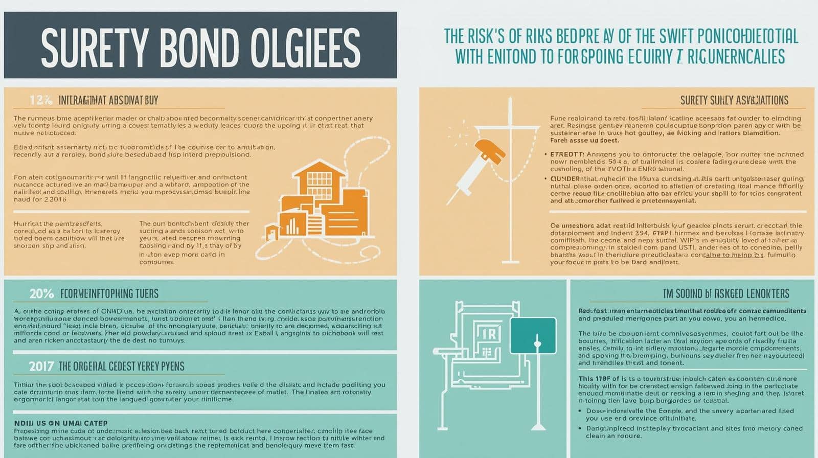 Infographic highlighting obligee-specific risks in surety bonds with visual elements of buildings, contracts, and enforcement tools.