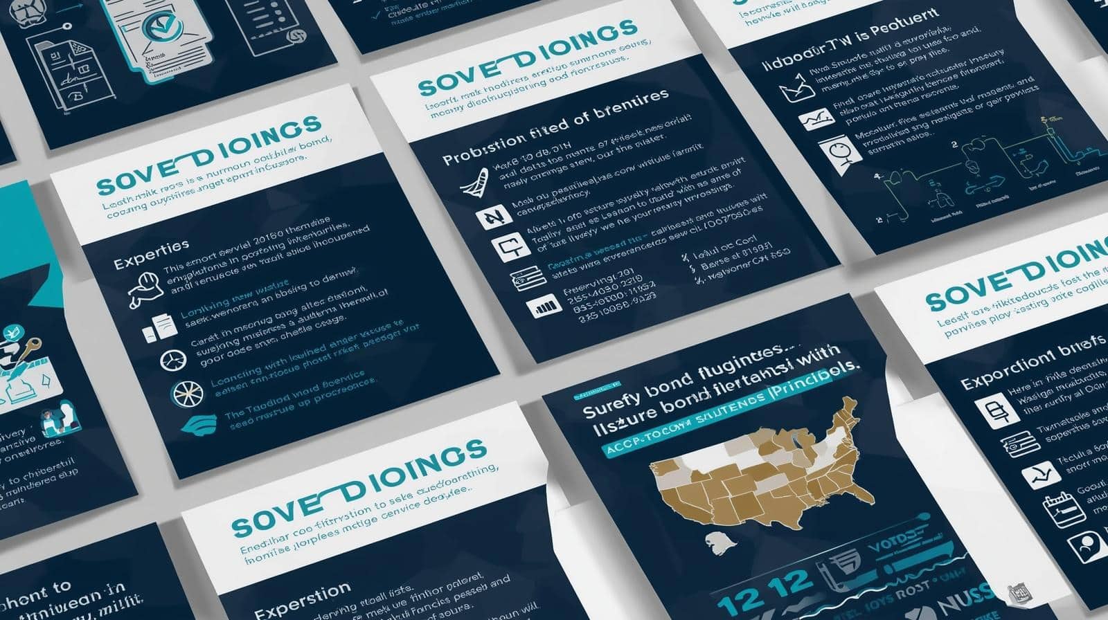 Infographic explaining risks faced by obligees and principals in surety bonds with charts, icons, and U.S. map visuals.