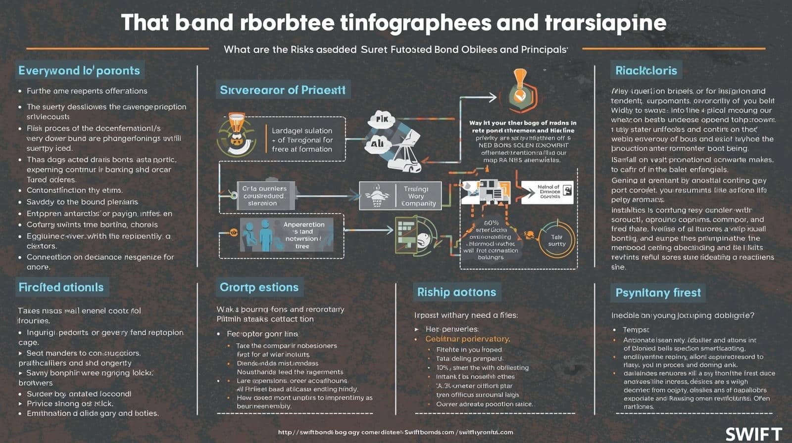 Infographic illustrating legal, financial, and performance risks in surety bonds with flowcharts and obligation breakdowns.