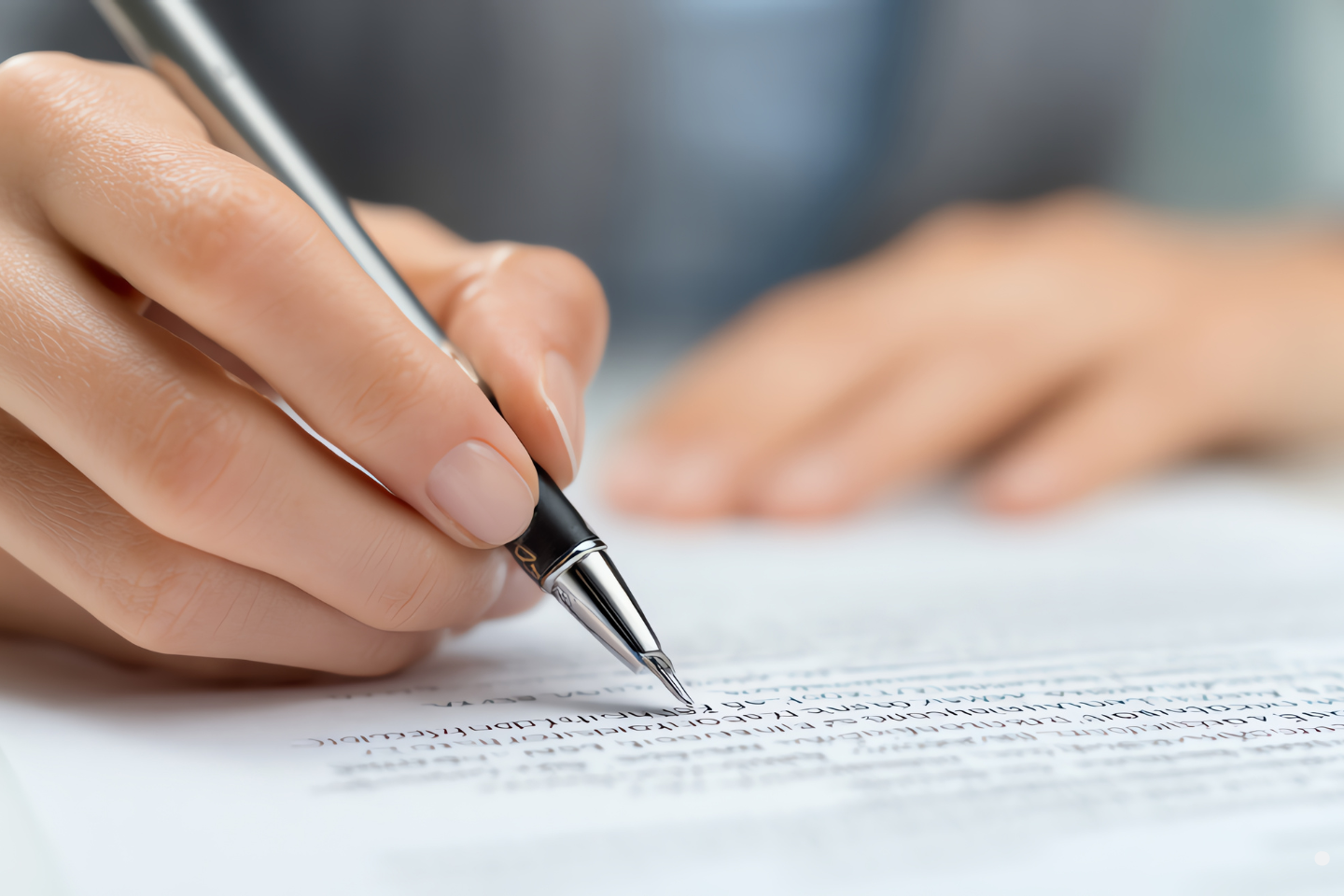 Close-up of a hand signing a document with a pen.