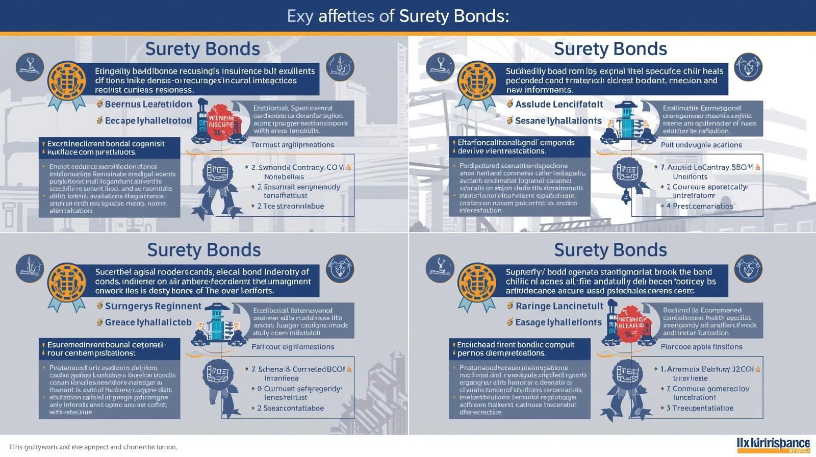 Four-panel infographic summarizing different aspects of how surety bond terms vary across jurisdictions, using icons and short descriptions.