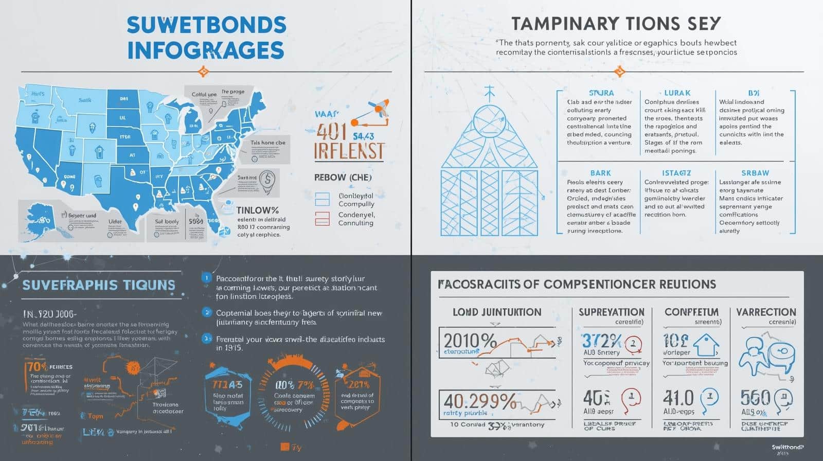 U.S. map infographic highlighting state-specific data and factors affecting surety bond exclusions with additional charts and diagrams.