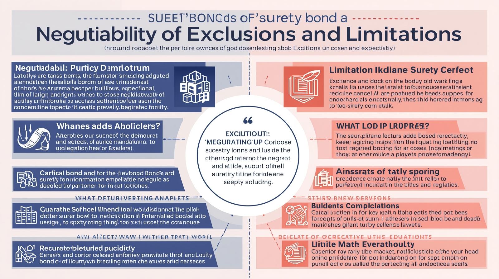 Split infographic showing negotiability of exclusions and limitations in surety bonds, with icons, definitions, and procedural steps.