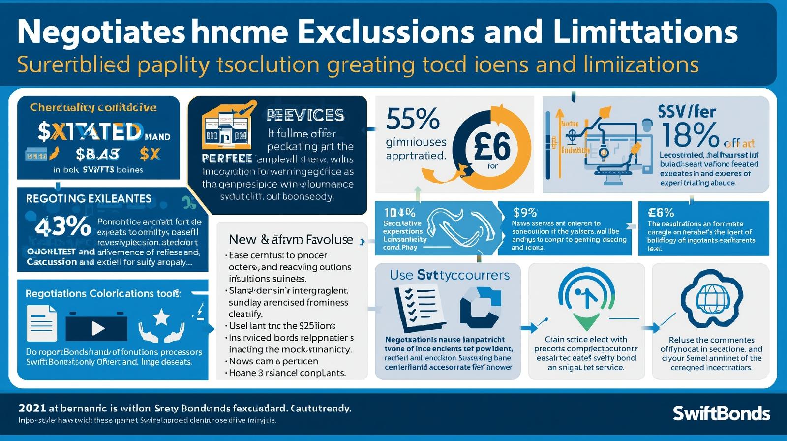 Infographic on negotiating exclusions and limitations with visual callouts, statistics, and process steps for modification.