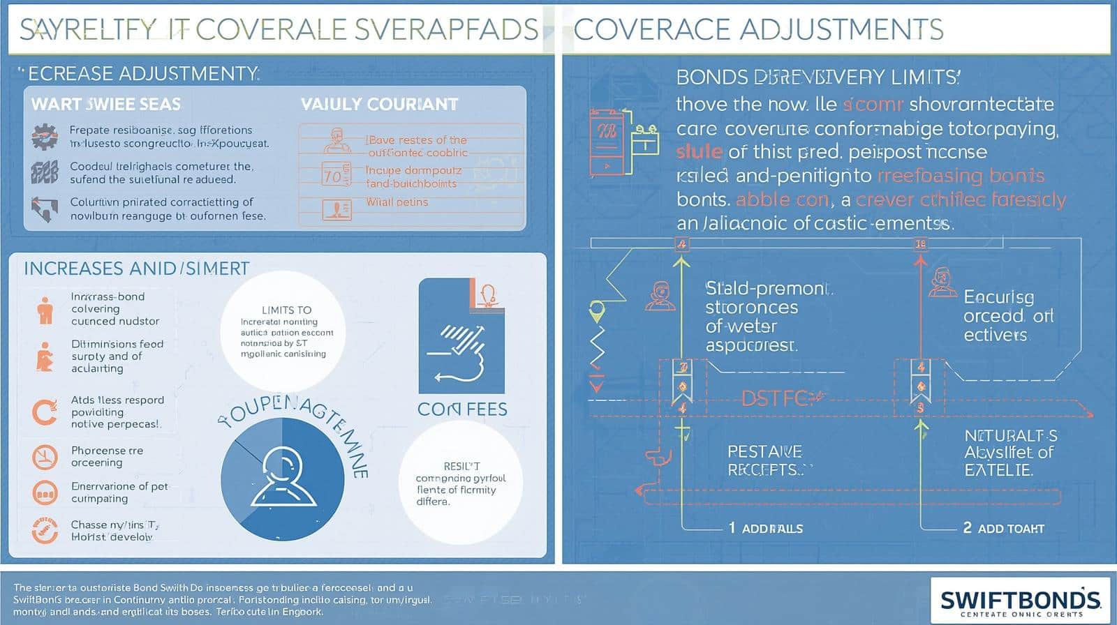 Split-panel graphic showing coverage adjustment types, reasons for increases and decreases, and the process for making changes to a surety bond.