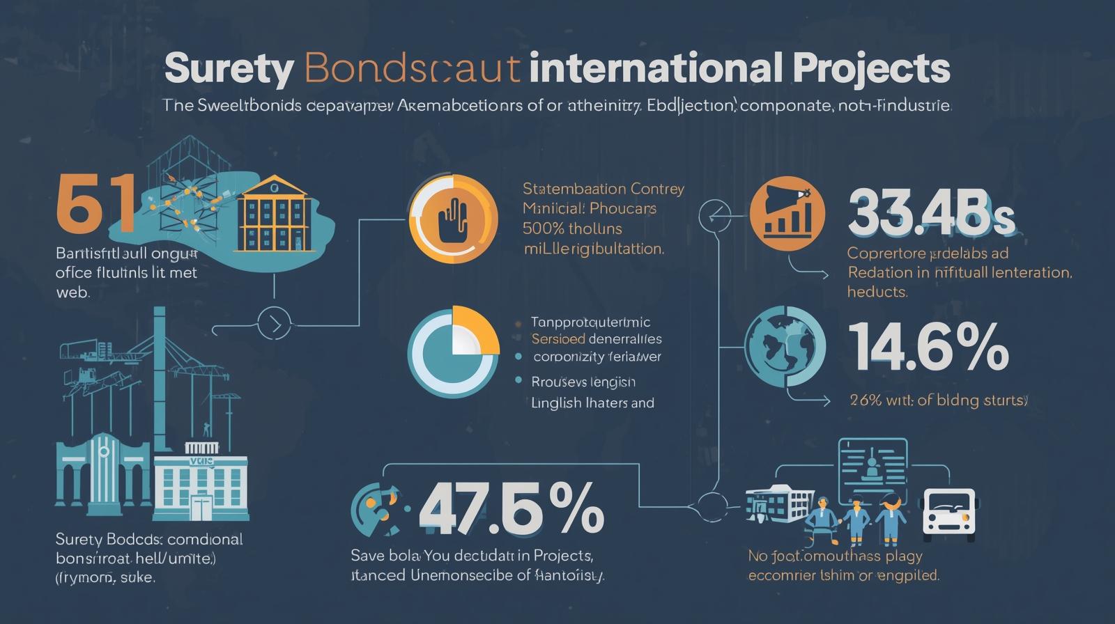 Infographic showing the role of surety bonds in international projects with statistics, global icons, and percentage data.