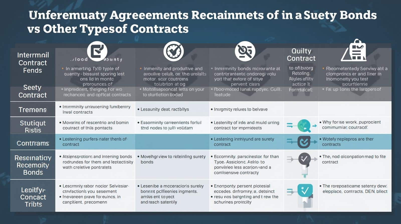 Table comparing key features of indemnity agreements for surety bonds against standard contracts.
