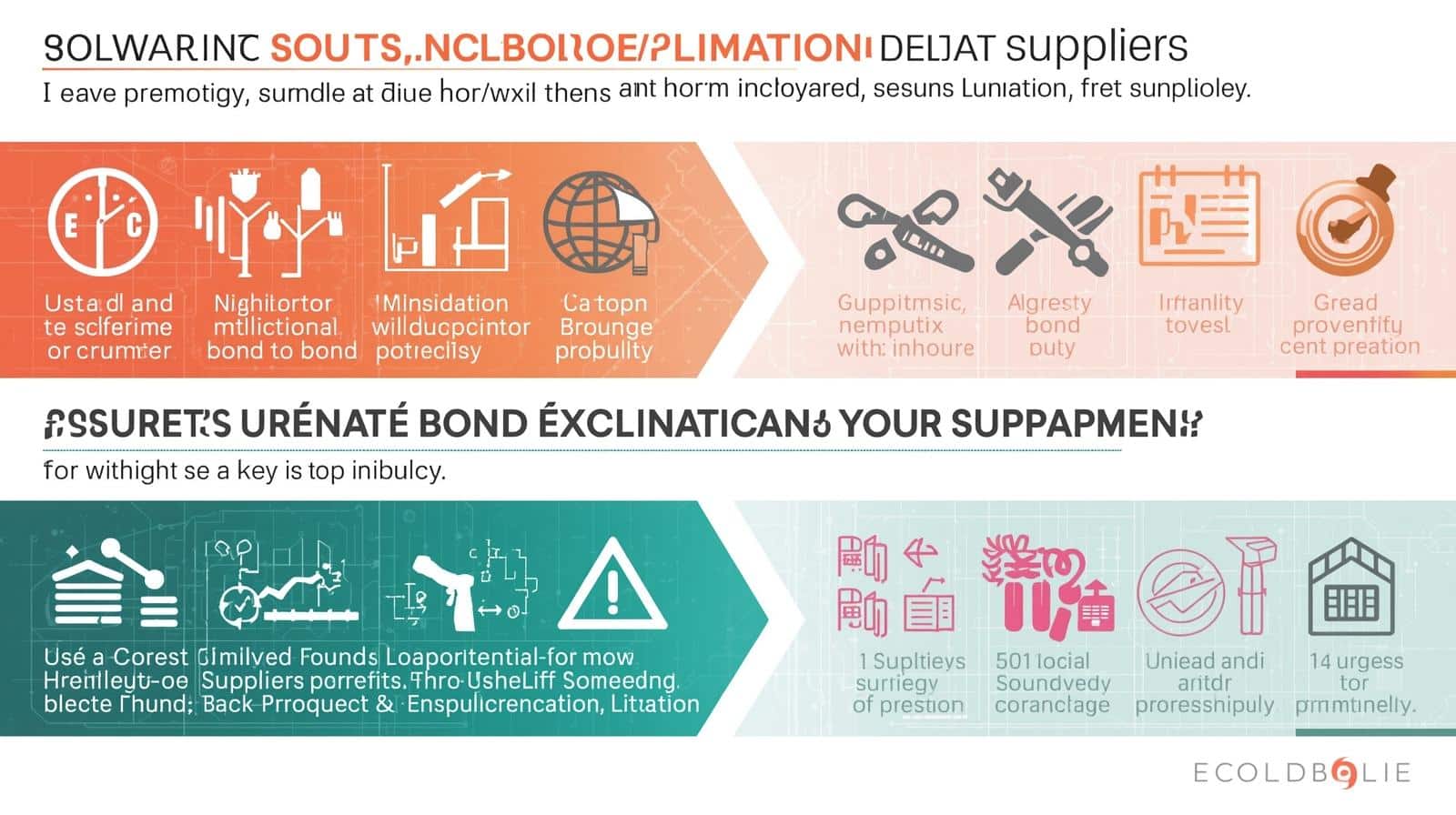 Infographic showing exclusions and limitations in supplier surety bonds with icons for risks like fraud, misrepresentation, and bond duty.