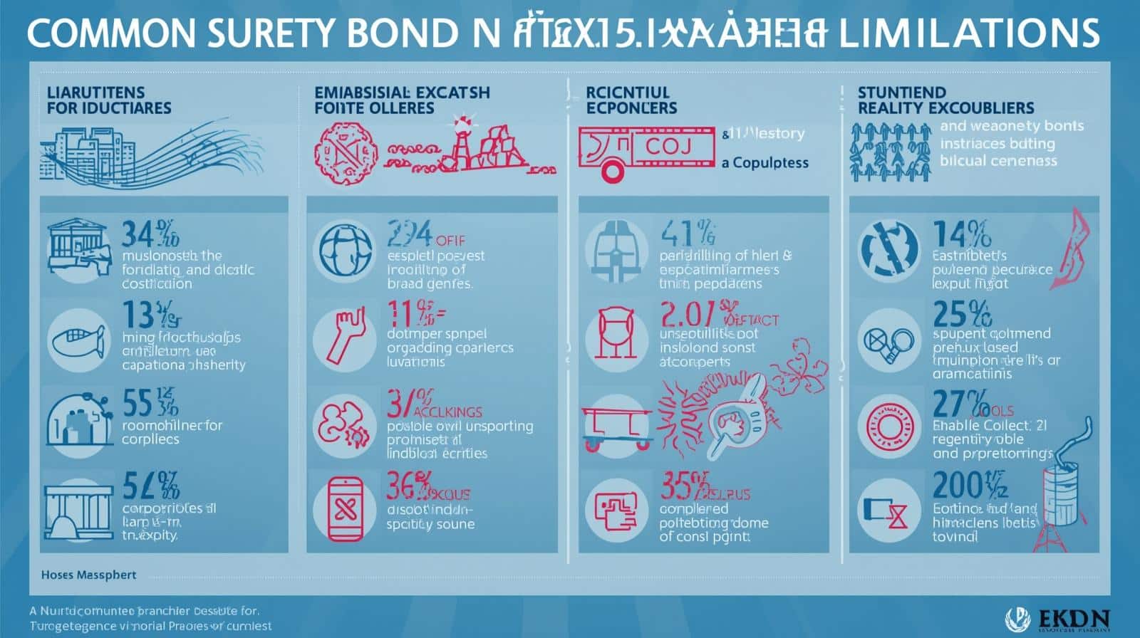 Visual chart outlining common surety bond exclusions and limitations with statistics and liability categories.