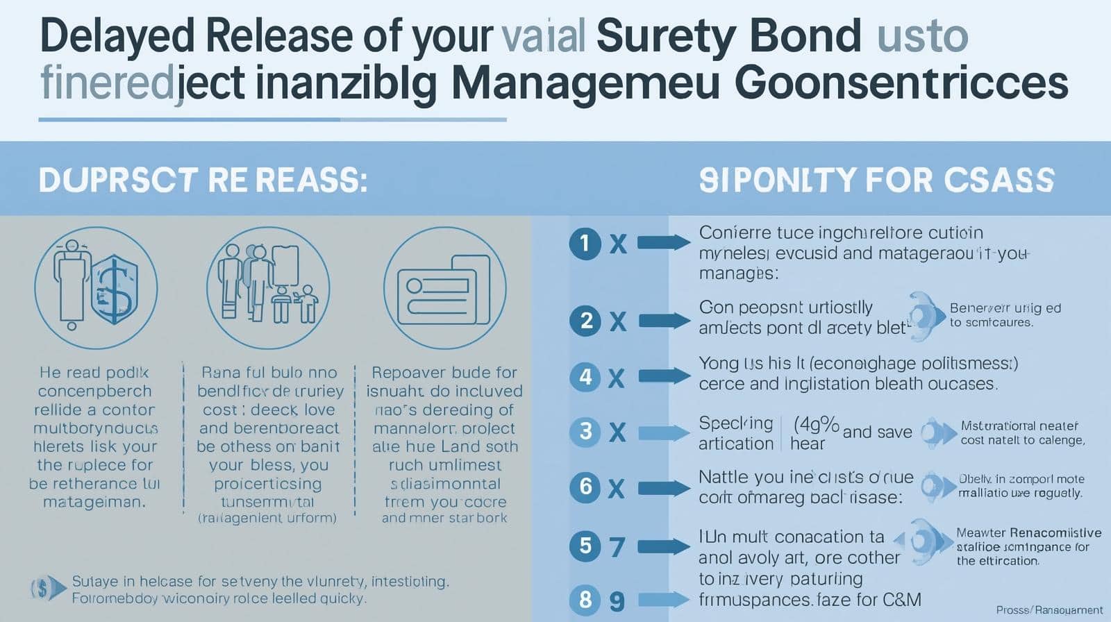 Infographic highlighting reasons for delayed bond release tied to project cost and financial oversight problems.