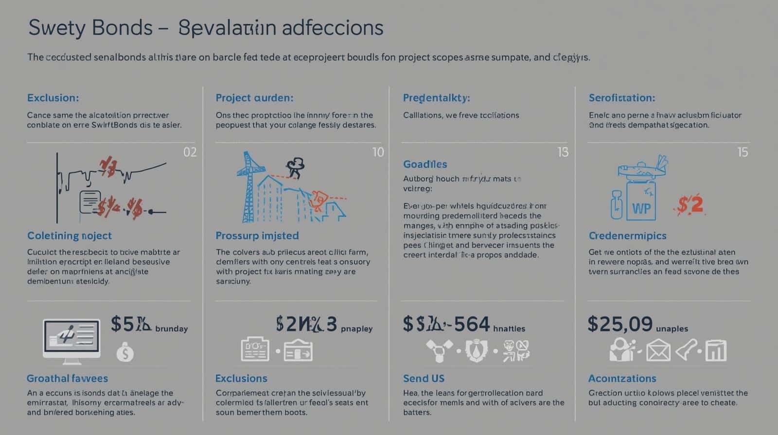 Comprehensive infographic outlining exclusions, project requirements, financial data, and risk considerations for surety bonds.
