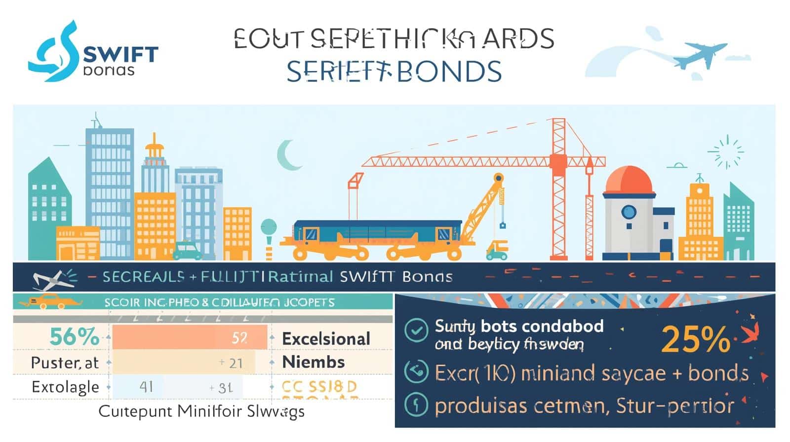 Illustrated cityscape with construction cranes and equipment highlighting surety bonds and project scope exclusions.