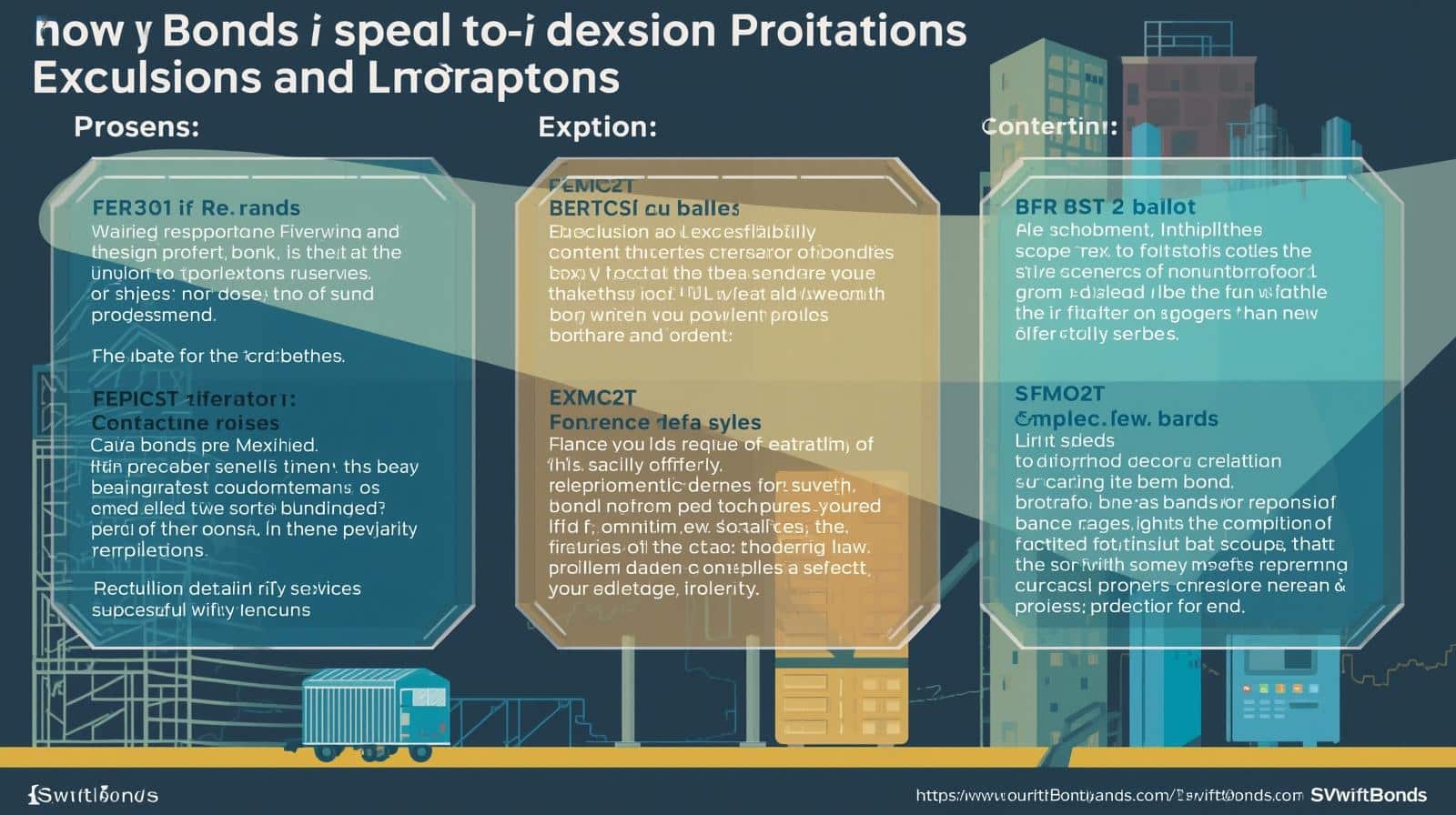 Infographic comparing project scope-related exclusions and limitations in surety bonds across different categories.