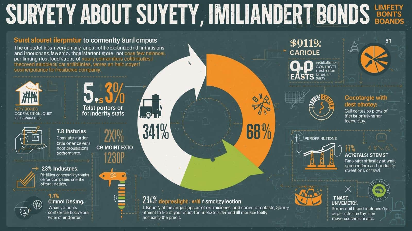 Circular infographic displaying percentage distribution of exclusions and limitations across different surety bond industries with key data points and icons.
