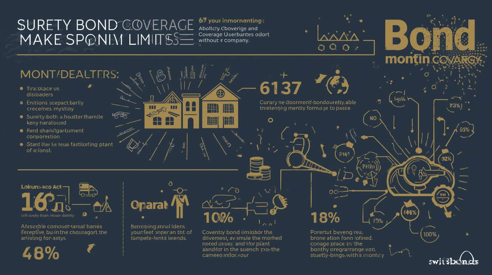 Dark-themed infographic detailing surety bond coverage limitations, including legal references, percentage caps, and key compliance considerations.