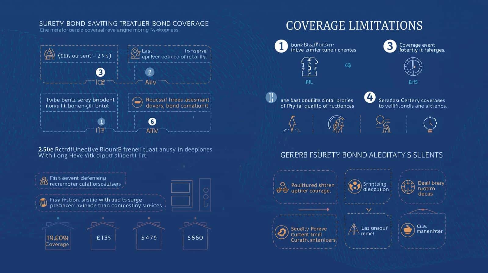 Infographic explaining surety bond coverage details, highlighting risk prevention, coverage tiers, and monetary limits with visual icons and data points.