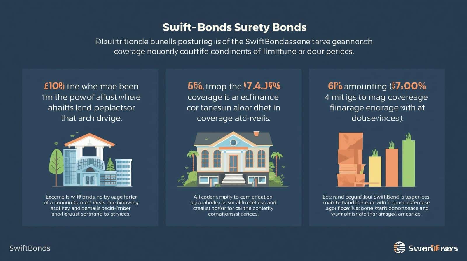 Graphic showing key figures about surety bond coverage caps, financial limits, and examples of typical coverage scenarios for different properties.