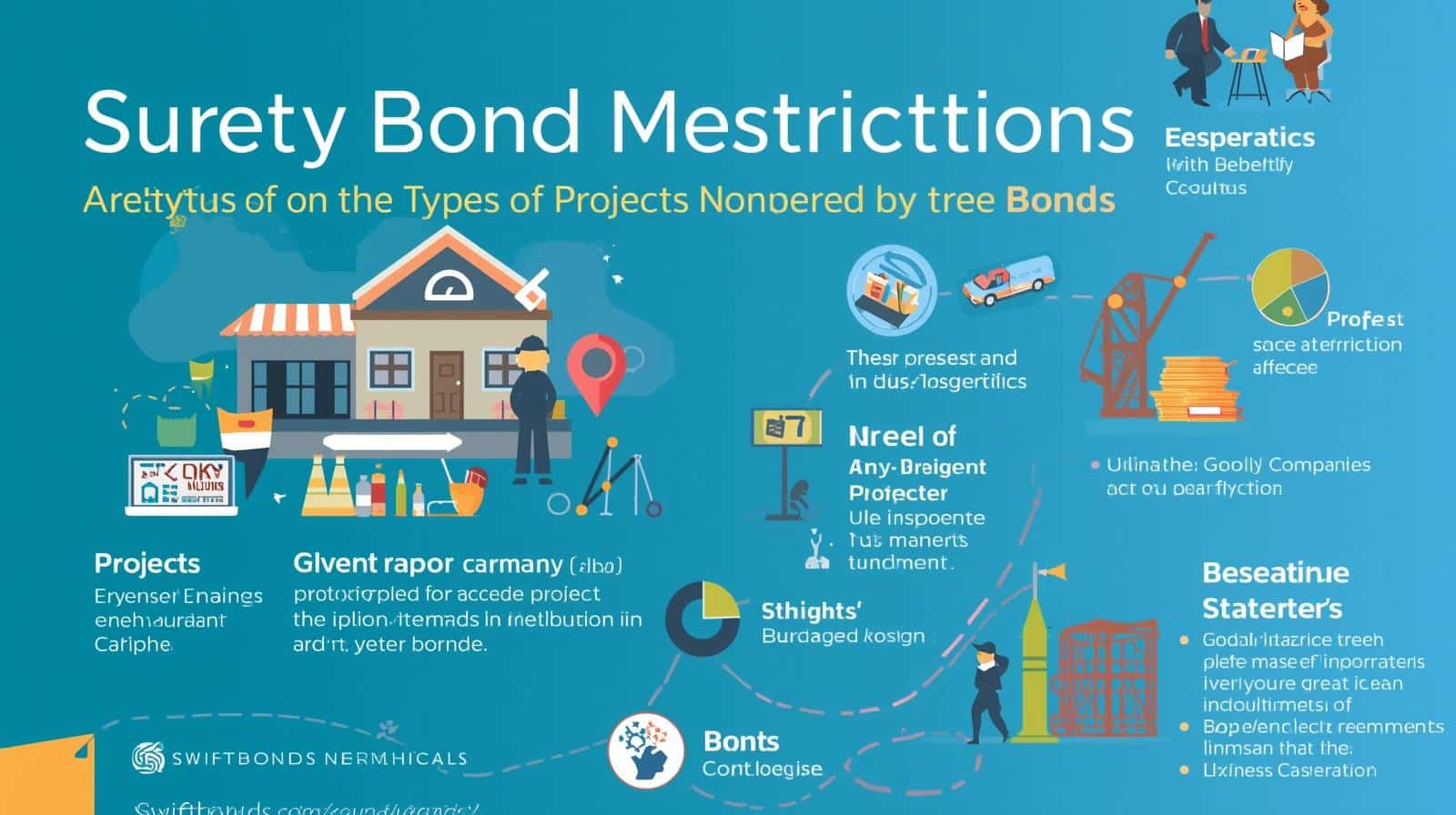 Colorful visual summarizing types of projects excluded from surety bond coverage and factors that influence eligibility.