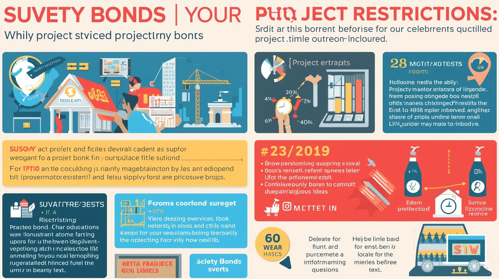 Bright infographic with charts and visuals describing project restrictions and compliance considerations for surety bonds.