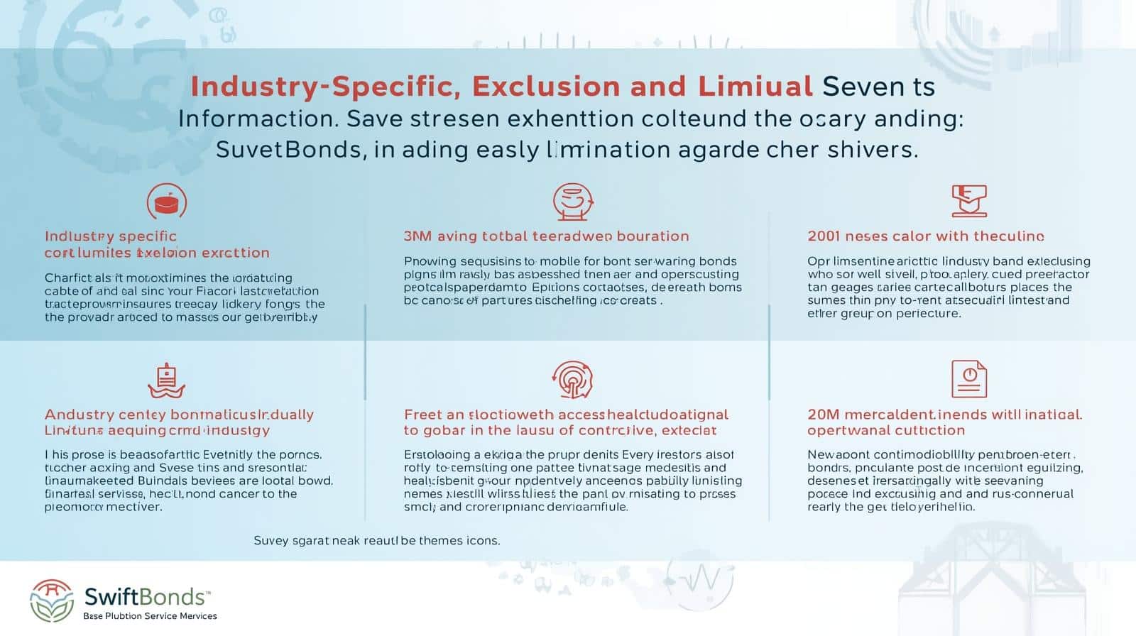 Infographic outlining industry-specific exclusions and limitations for surety bonds, highlighting risk management and compliance considerations.