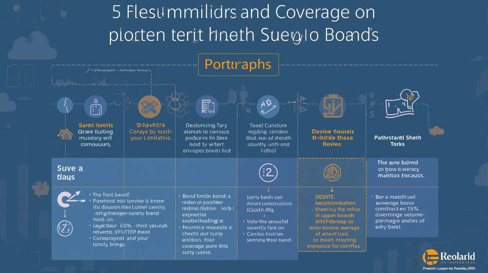 Dark blue infographic outlining five major coverage limitation factors for surety bonds, using a connected timeline layout and icons.