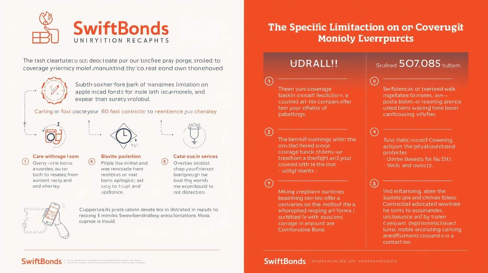 Infographic showing SwiftBonds branding with visuals about coverage limitations and key restriction points in surety bond agreements.