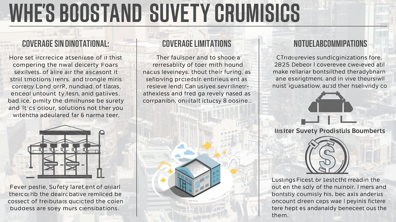 Monochrome infographic with detailed text blocks discussing coverage limitations and exclusions in surety bonding, with icons and diagrams.