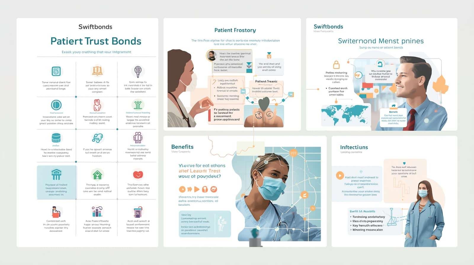 Multi-panel layout displaying Patient Trust Bonds information with icon grids, a central "Patient Frostory" section, benefits overview, and photos of healthcare workers with Swiftbonds branding.